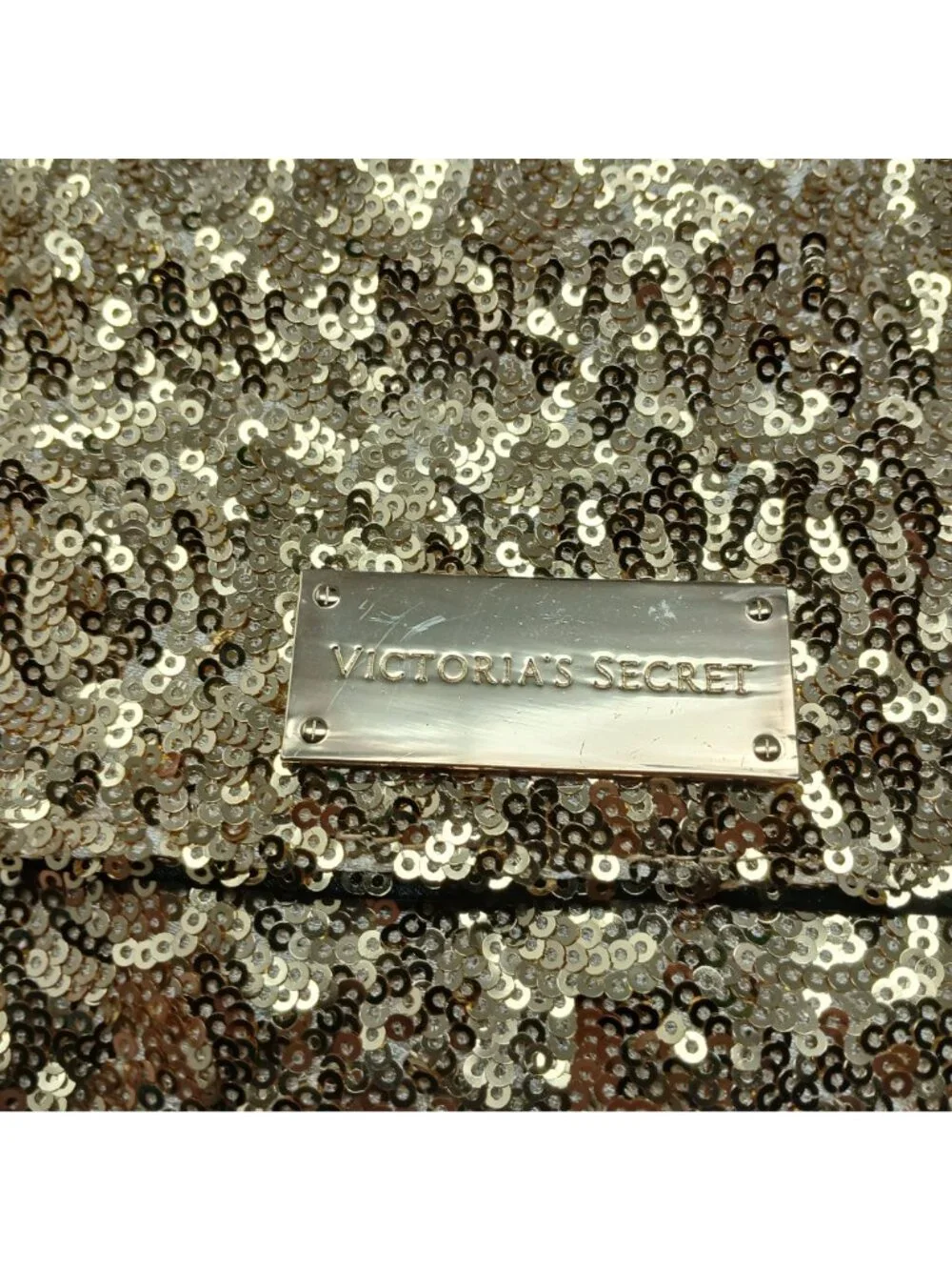 Victorias Secret Gold Sequin Clutch Fold-Over Closure & Zippered Pocket #D-25 - Picture 10 of 11